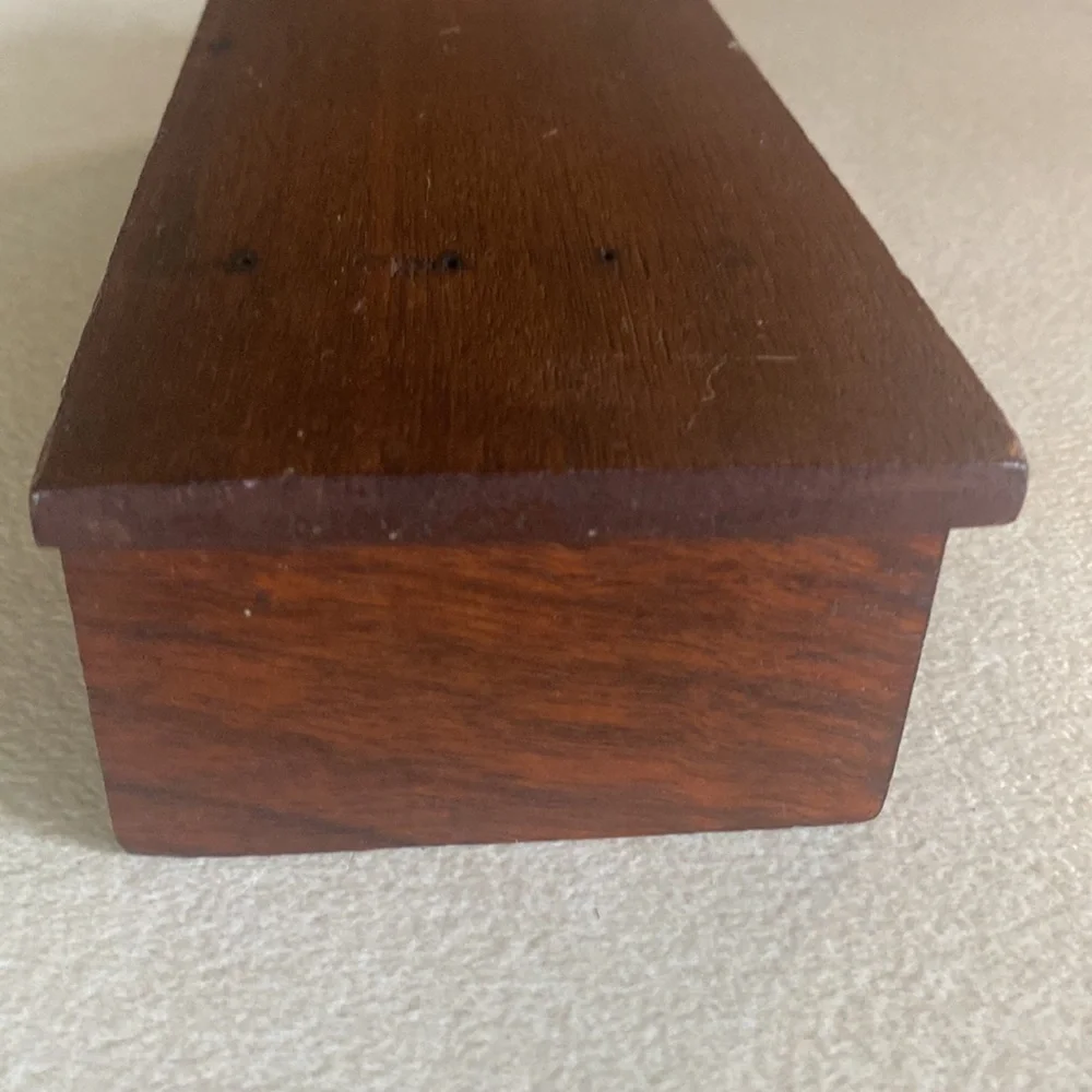 Vintage Art Deco look oak veneer wood display shelf with metal rings for hanging